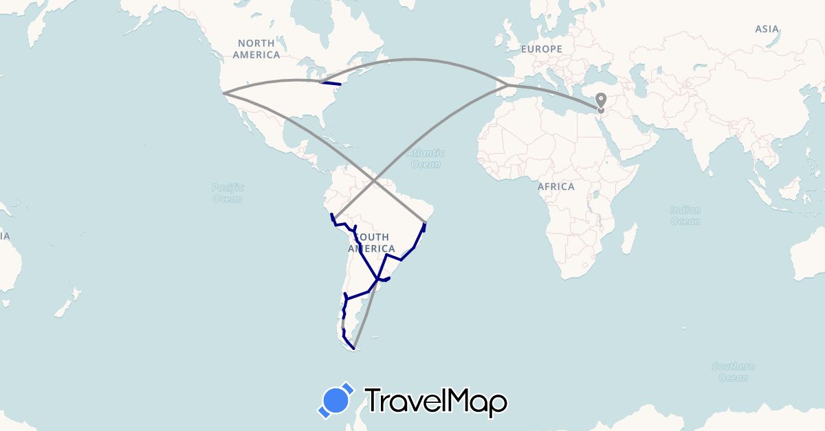 TravelMap itinerary: driving, plane in Argentina, Bolivia, Brazil, Chile, Spain, Israel, Peru, United States, Uruguay (Asia, Europe, North America, South America)