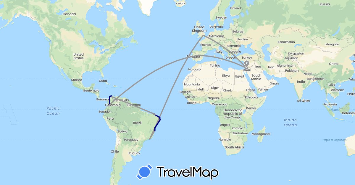 TravelMap itinerary: driving, plane in Brazil, Colombia, Spain, United Kingdom, Israel (Asia, Europe, South America)